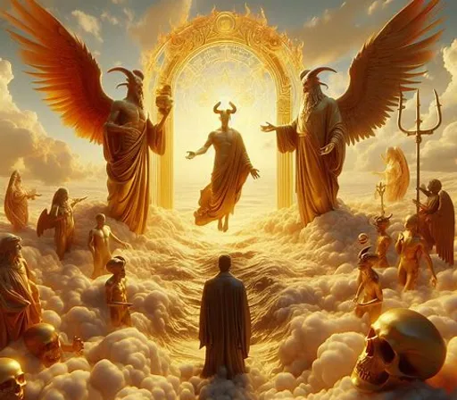 a painting of a group of people surrounded by angels