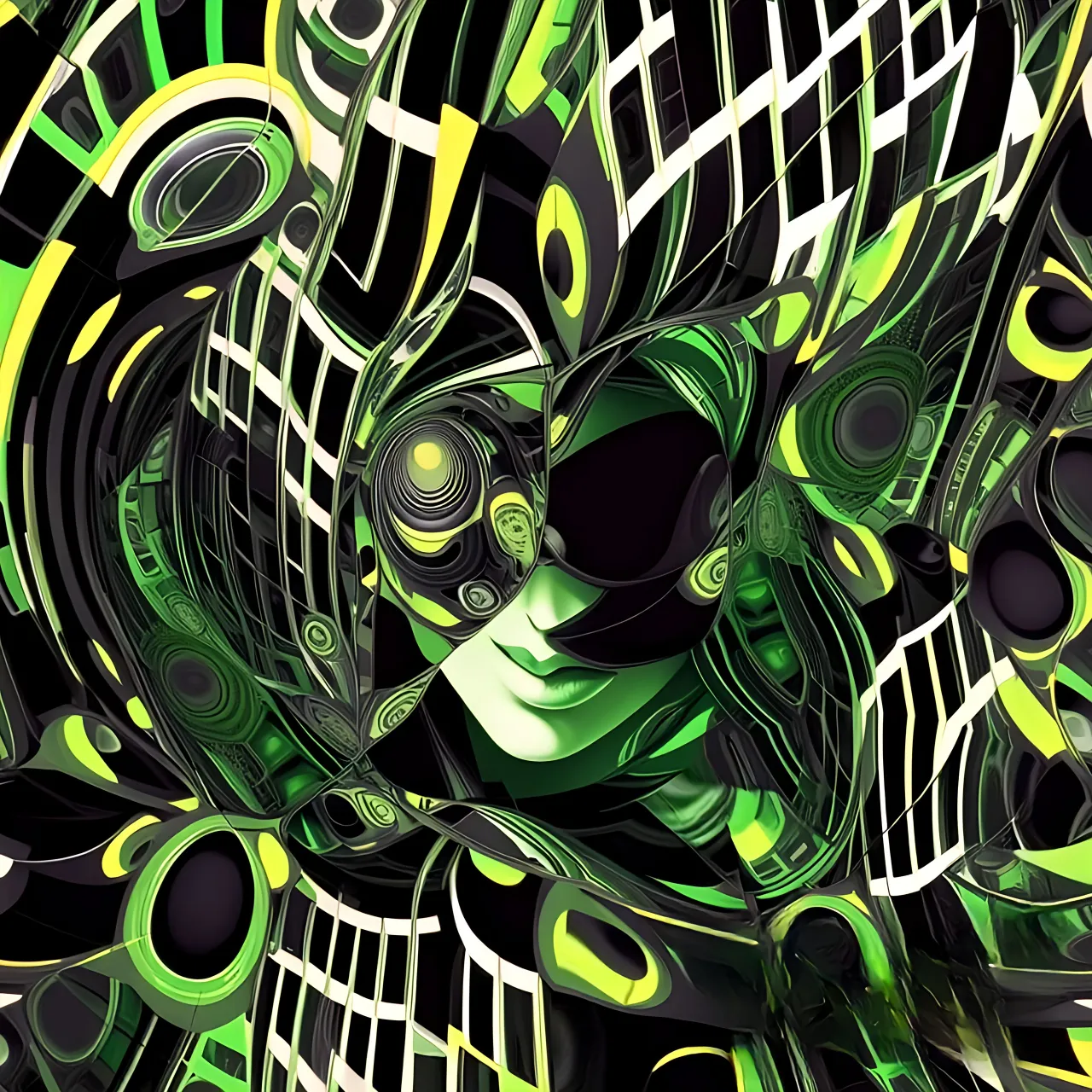 a digital painting of a woman's face surrounded by green and black swirls