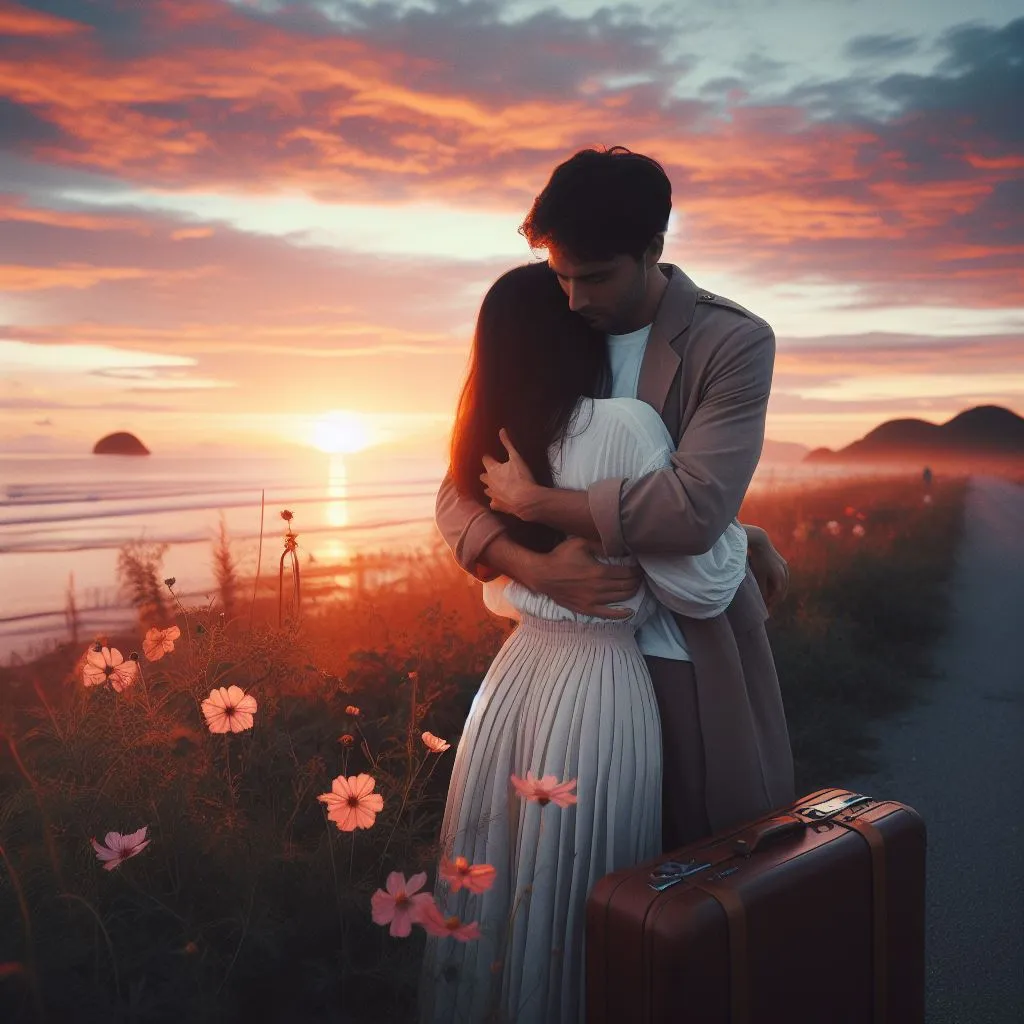 a man and a woman embracing in front of a sunset