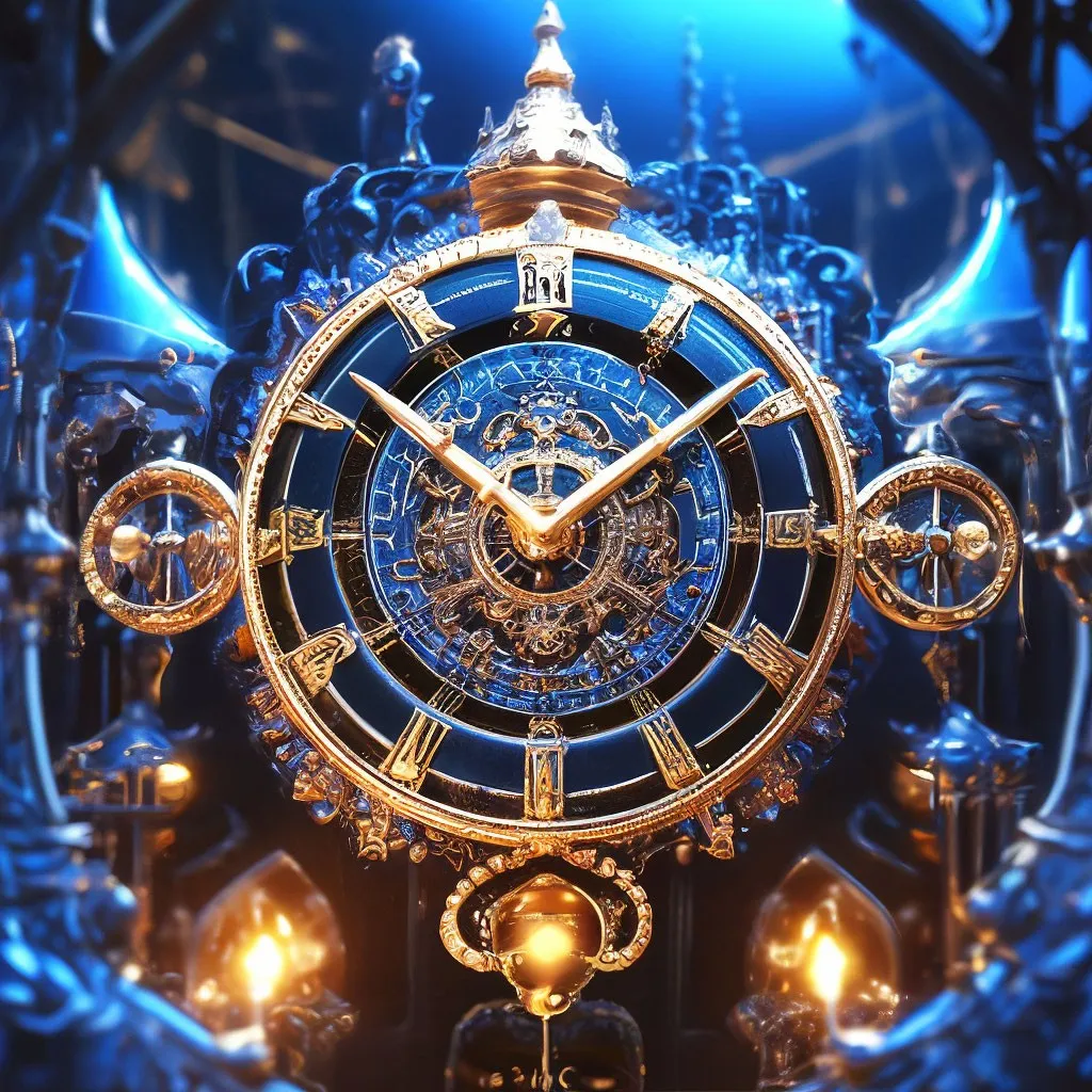 a gold and blue clock sitting on top of a table