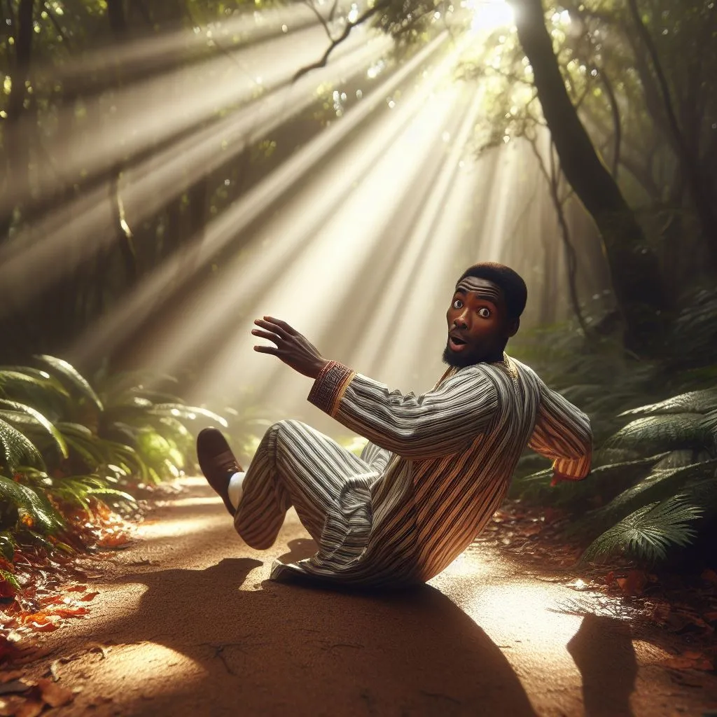 a man sitting on the ground in the middle of a forest