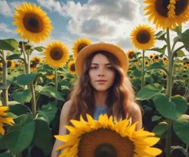 a woman standing in a field of sunflowers