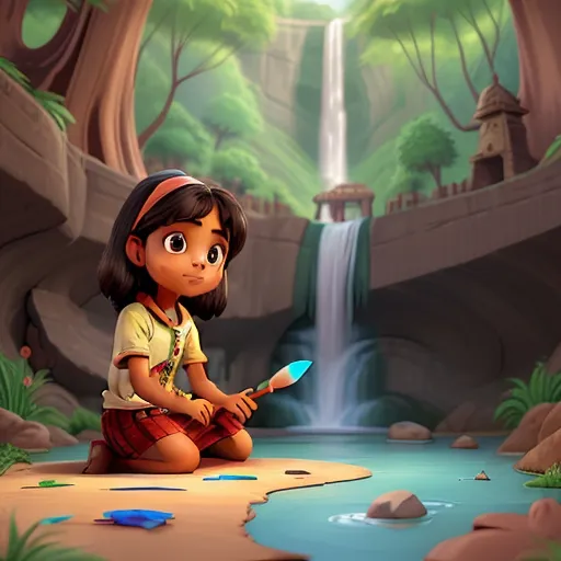 a little girl sitting on the ground in front of a waterfall