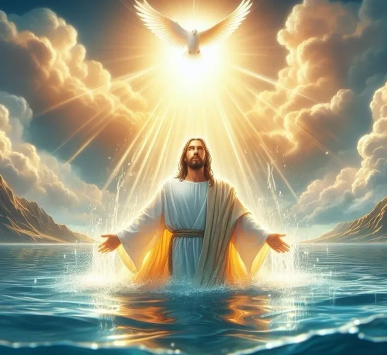 a painting of jesus standing in the water