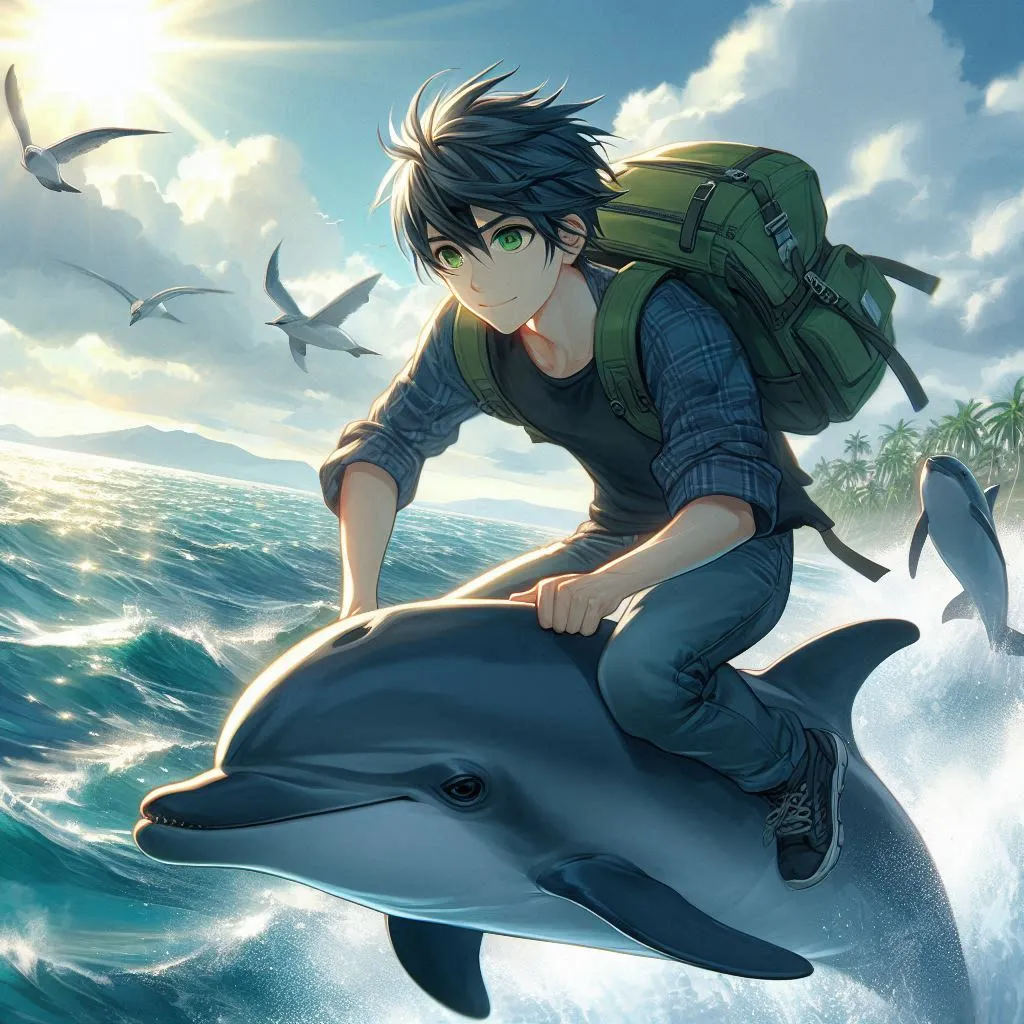 a boy riding on the back of a dolphin