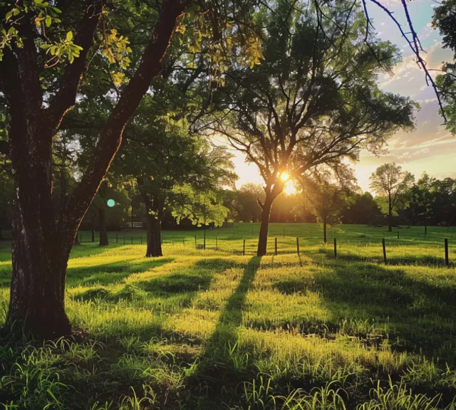 a grassy field with trees and the sun shining through the trees