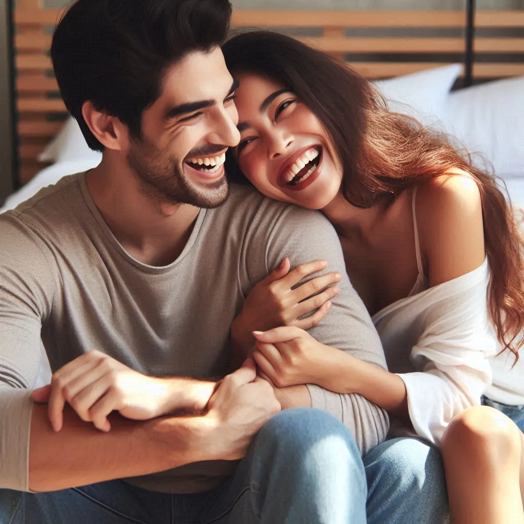 a man and a woman sitting on top of a bed