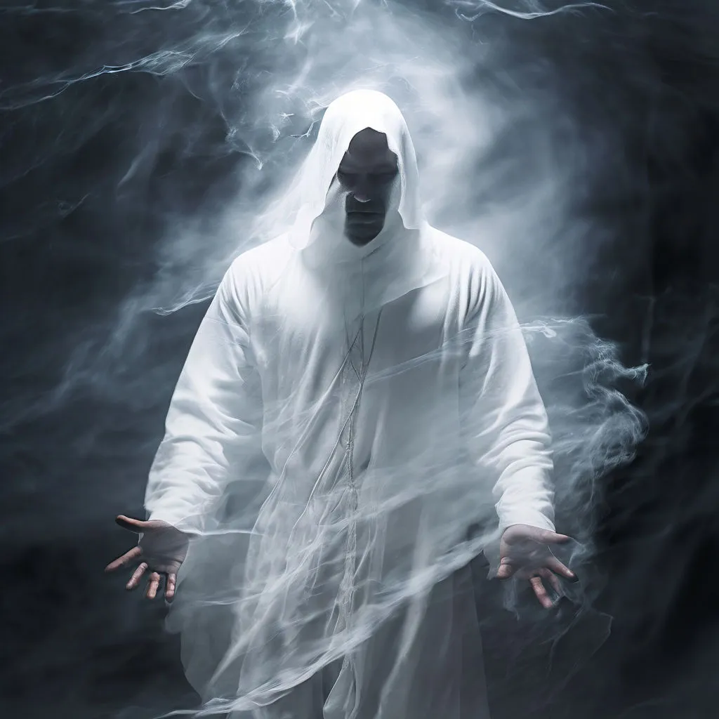 a man dressed in white standing in a dark room