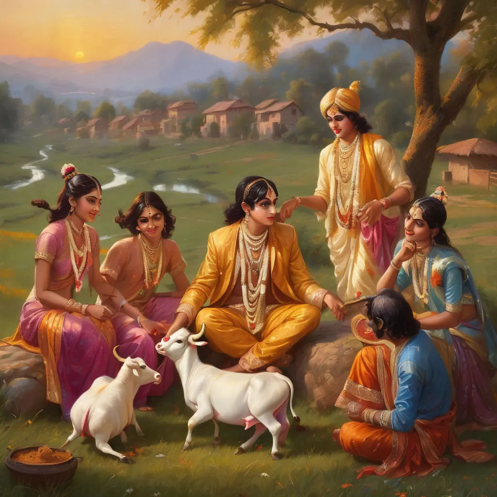 a painting of a group of people with a goat