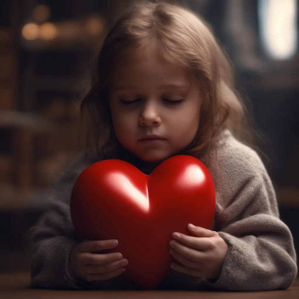 a little girl holding a red heart in her hands