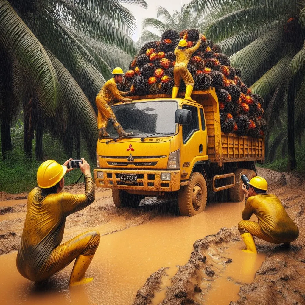 a group of men in yellow work on a truck