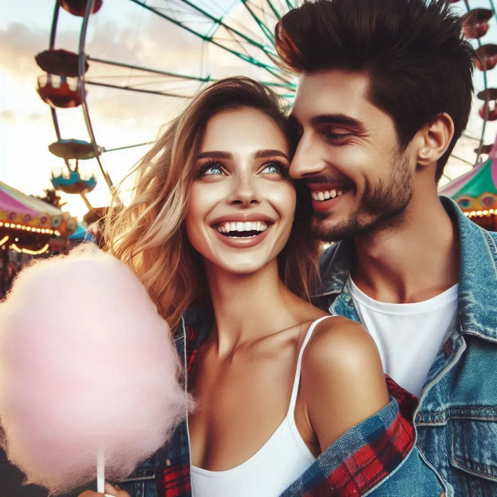 a man and a woman holding a pink lollipop in front of a carnival