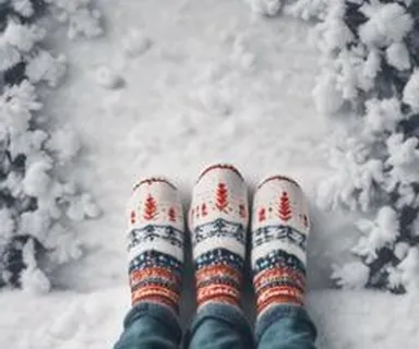 a person standing in the snow with their feet up