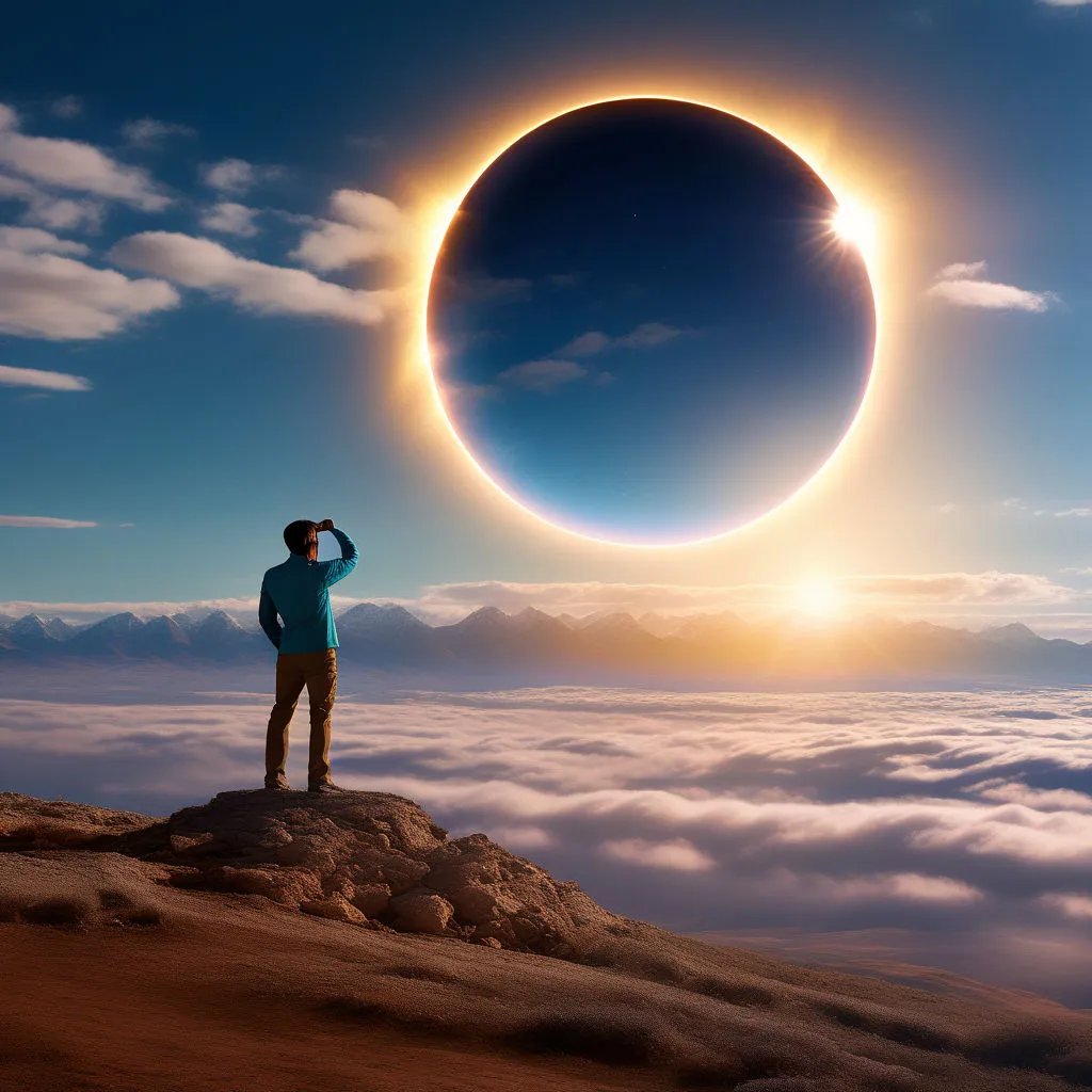 a man standing on top of a mountain looking at a solar eclipse