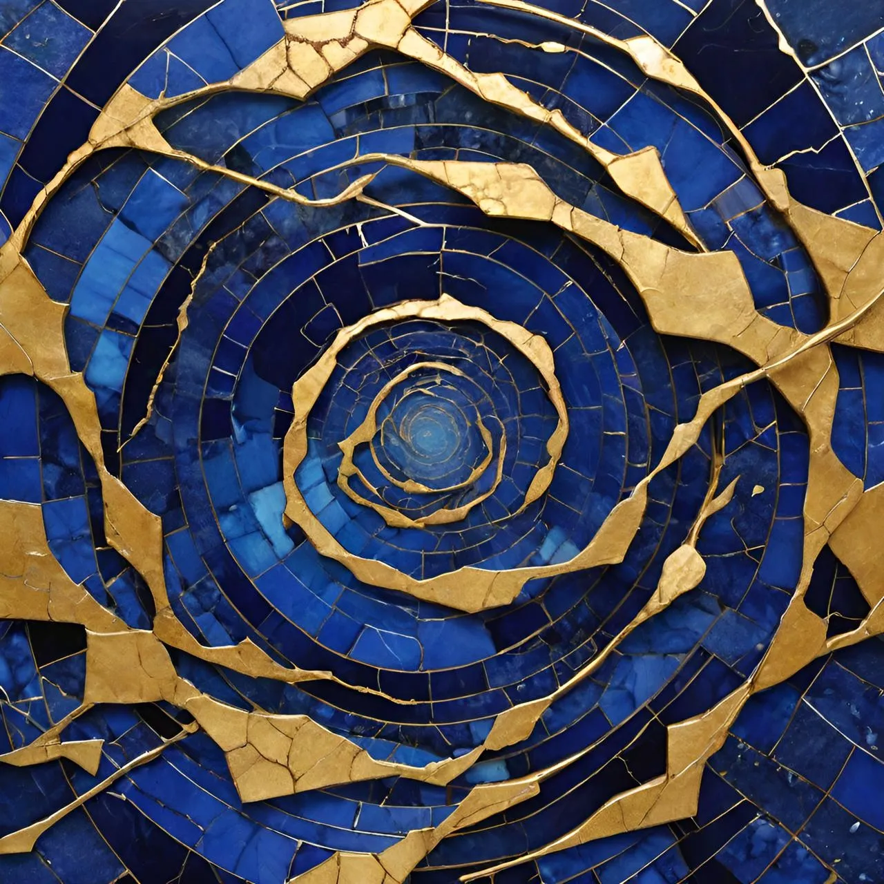 a close up of a blue and gold mosaic