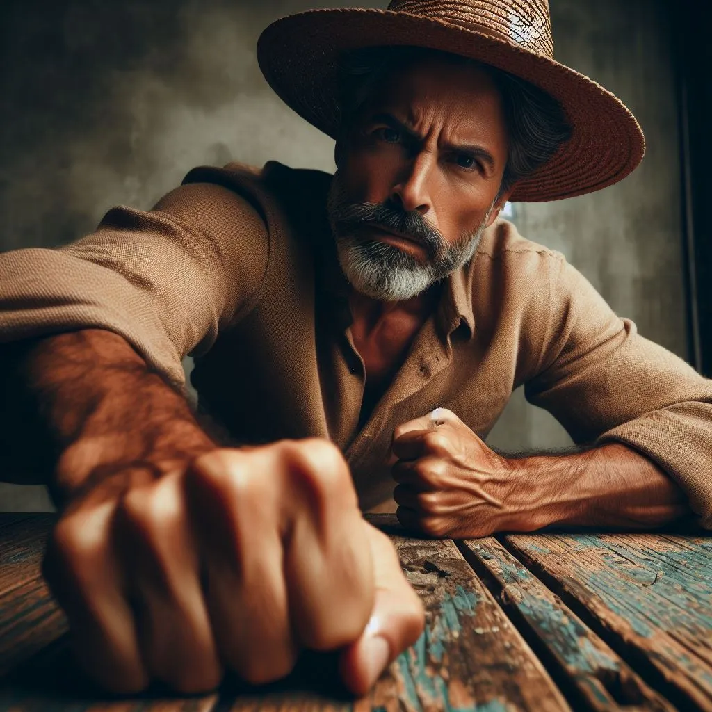 an old Spanish man with a hat on slamming  a table, he is angry