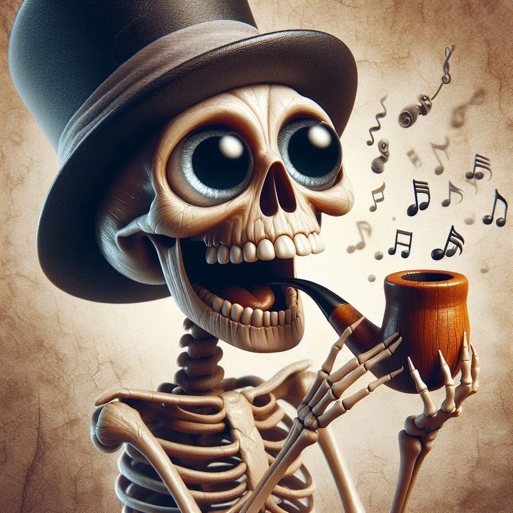 a skeleton wearing a top hat and smoking a pipe