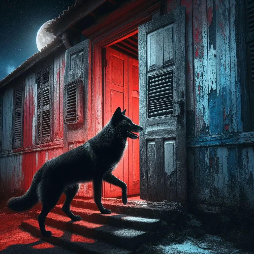 a black wolf standing in front of a red door