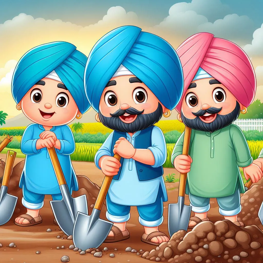 a group of three men with turbans and shovels