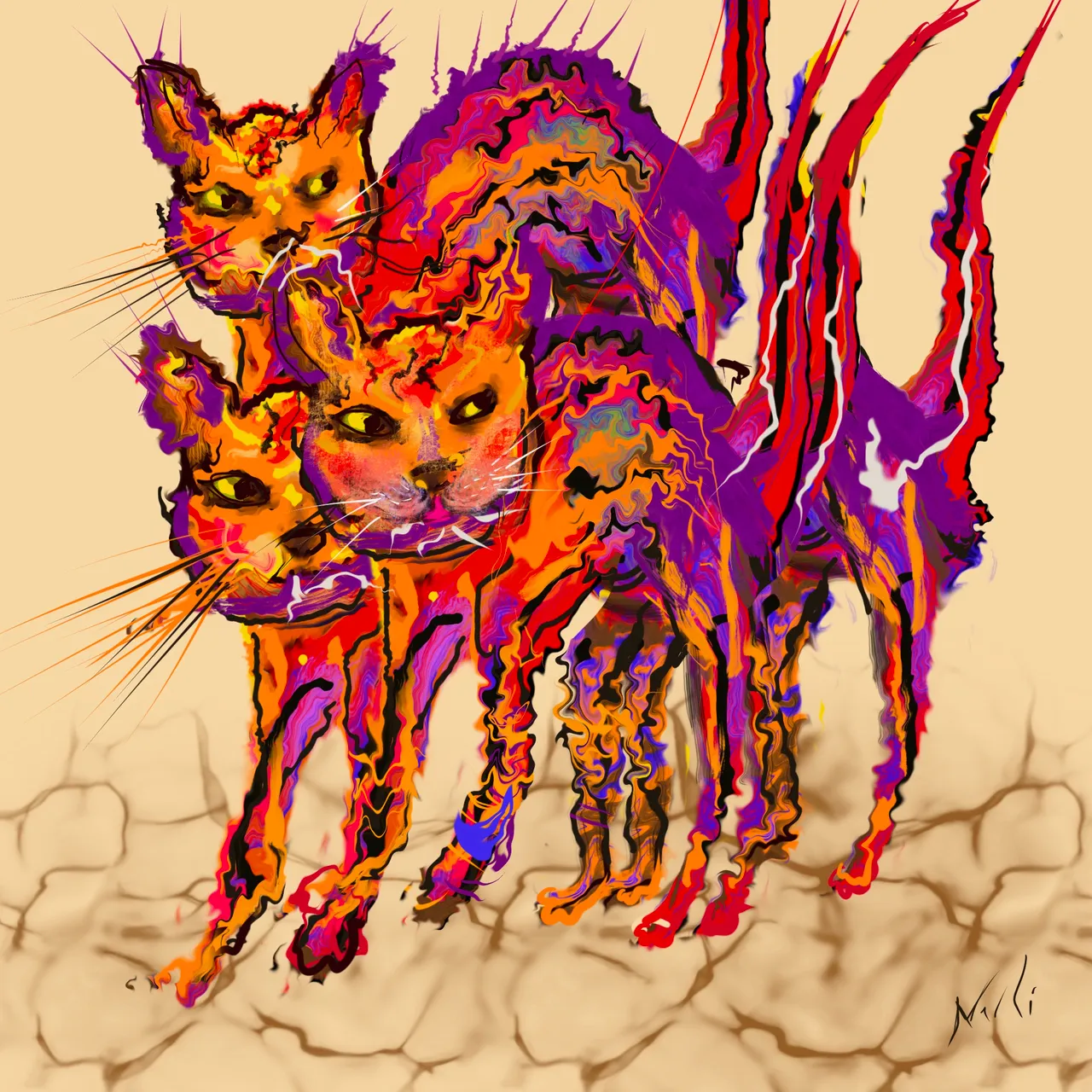 a painting of two cats with different colors jumping