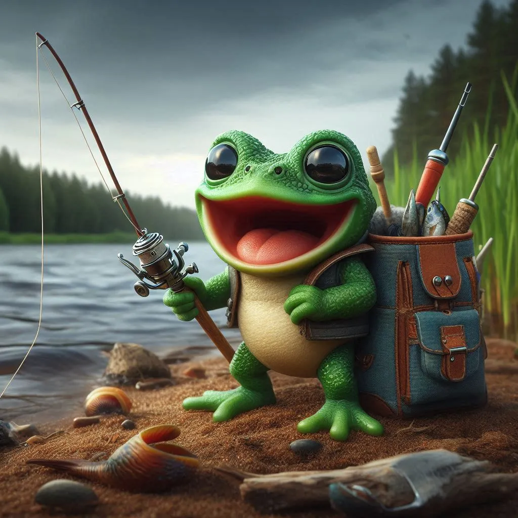 a frog with a fishing rod and a bag