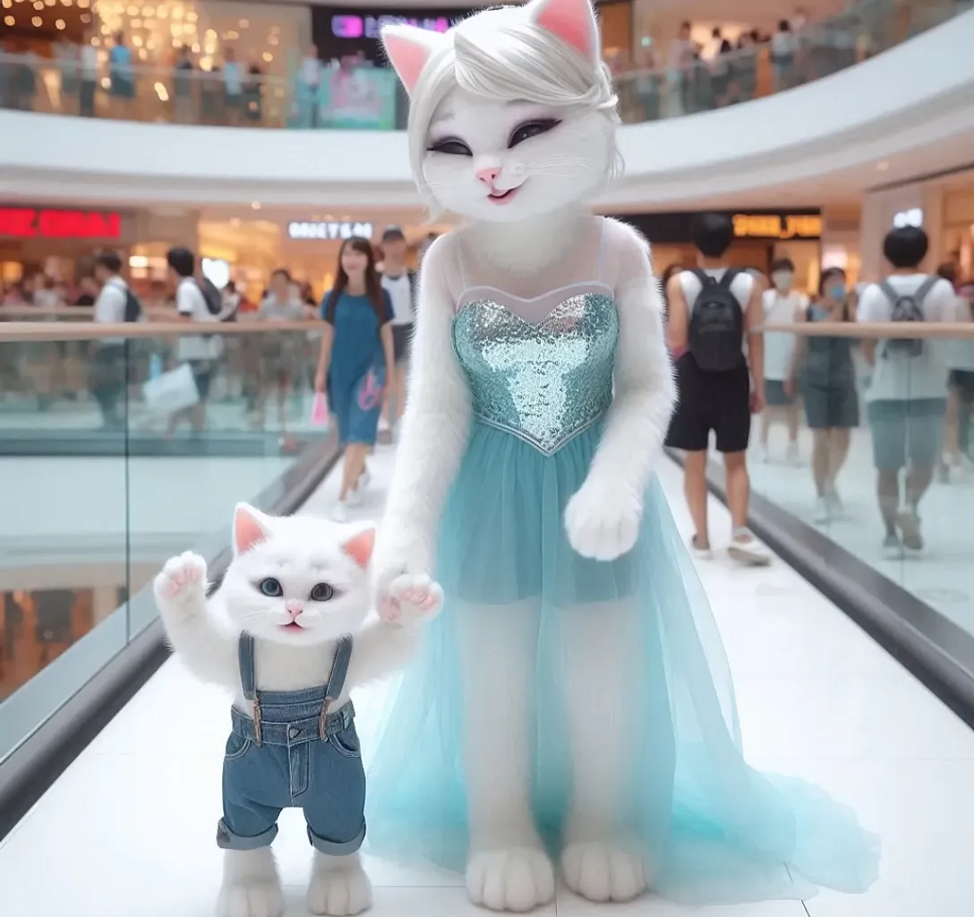 a white cat and a white cat in a blue dress