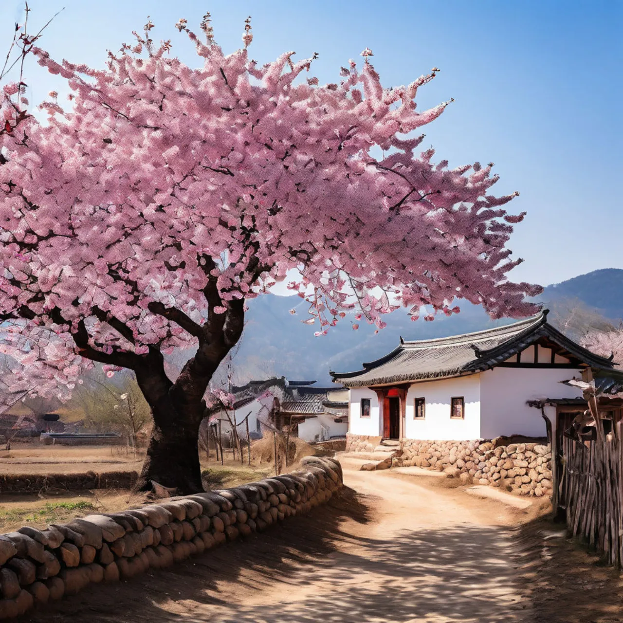 a tree with pink flowers in front of a white building