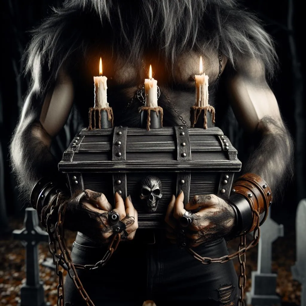 werewolf, with a coffin, 3 candles on the coffin, chains around his waist and hands, misty night