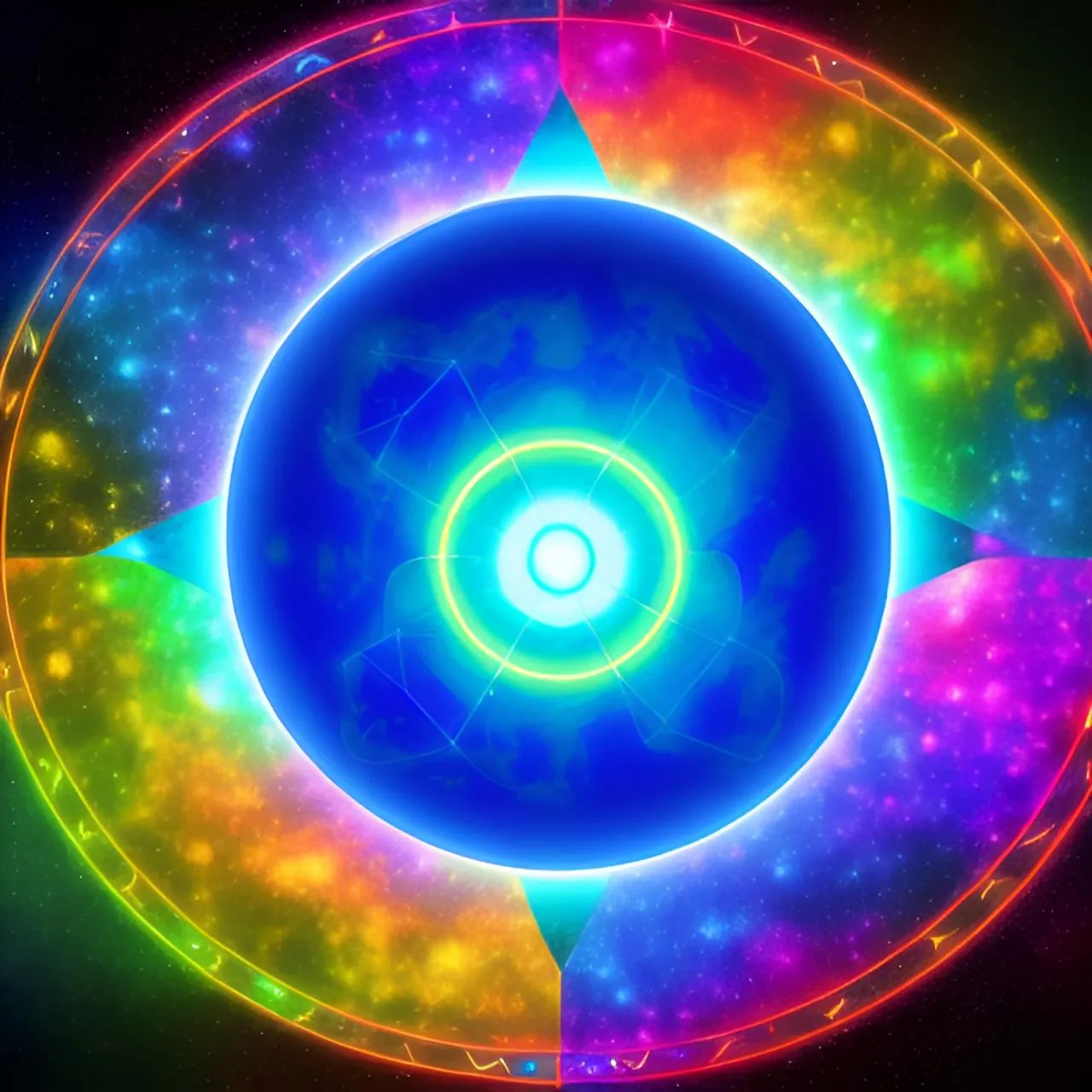 a colorful circle with a center surrounded by stars