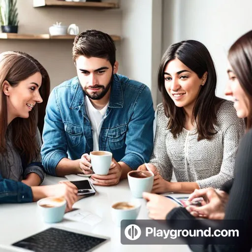 a group of people sitting around a table talking