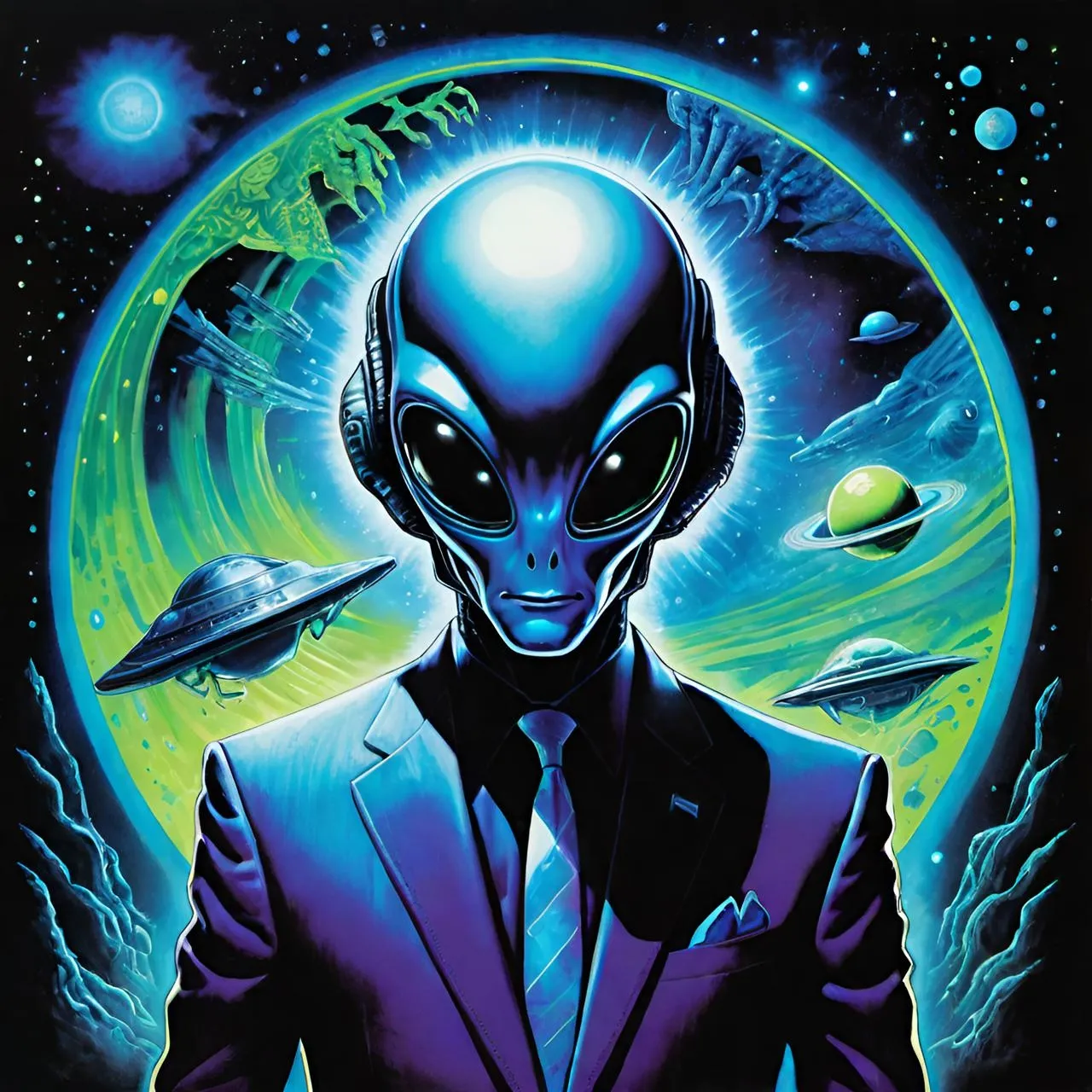 a painting of a man in a suit with an alien head