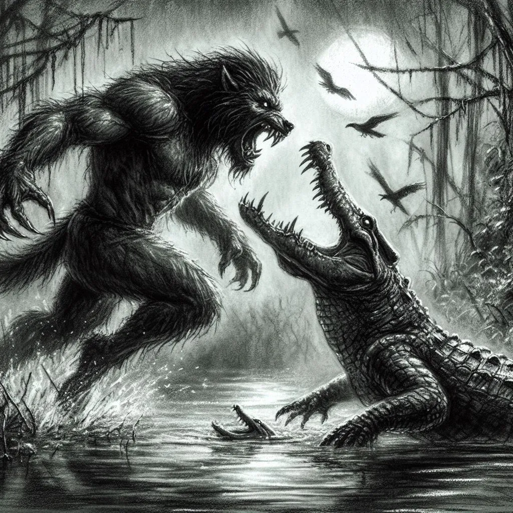 a black and white drawing of two alligators fighting