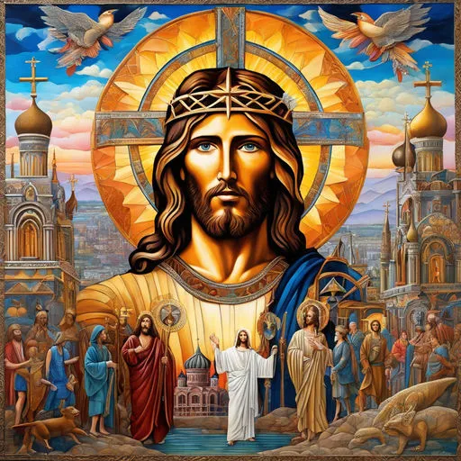 a painting of jesus surrounded by other people