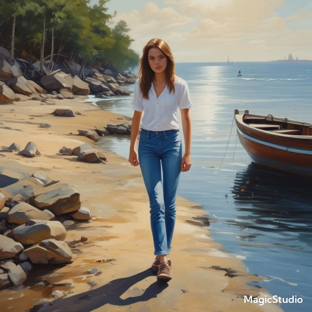 a painting of a woman walking on a beach next to a boat walking