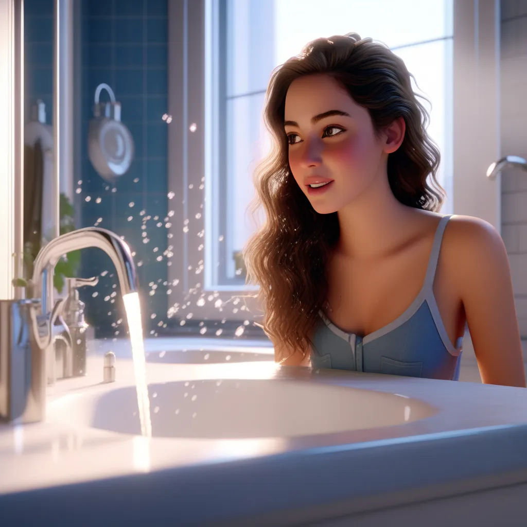 a lady staring at a running tap in her bathroom