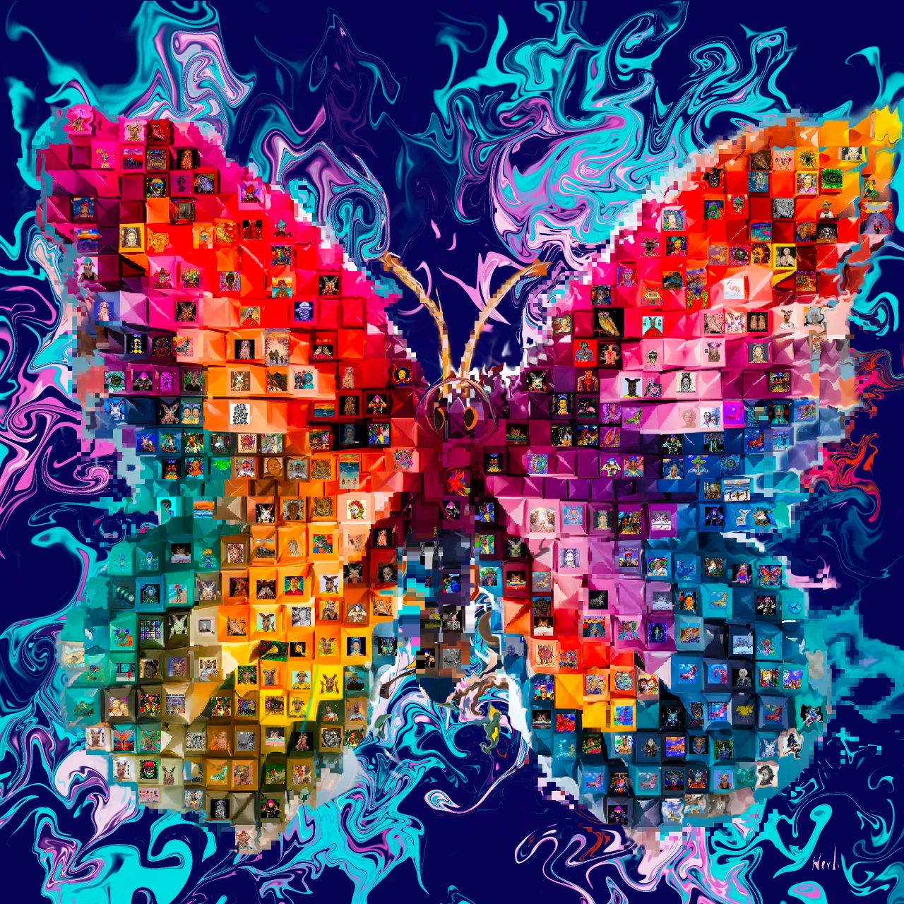 Close-up of butterfly with colorful wings and bokeh background whit illuminated mini particles