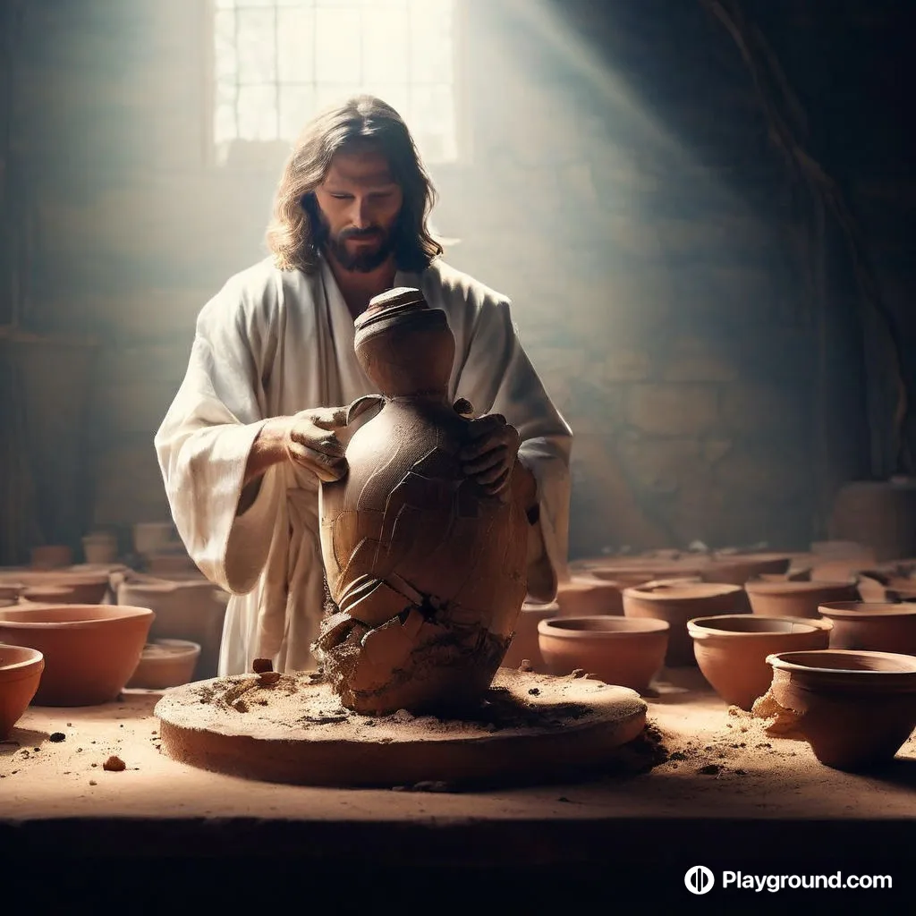 a man in a white robe is making a vase