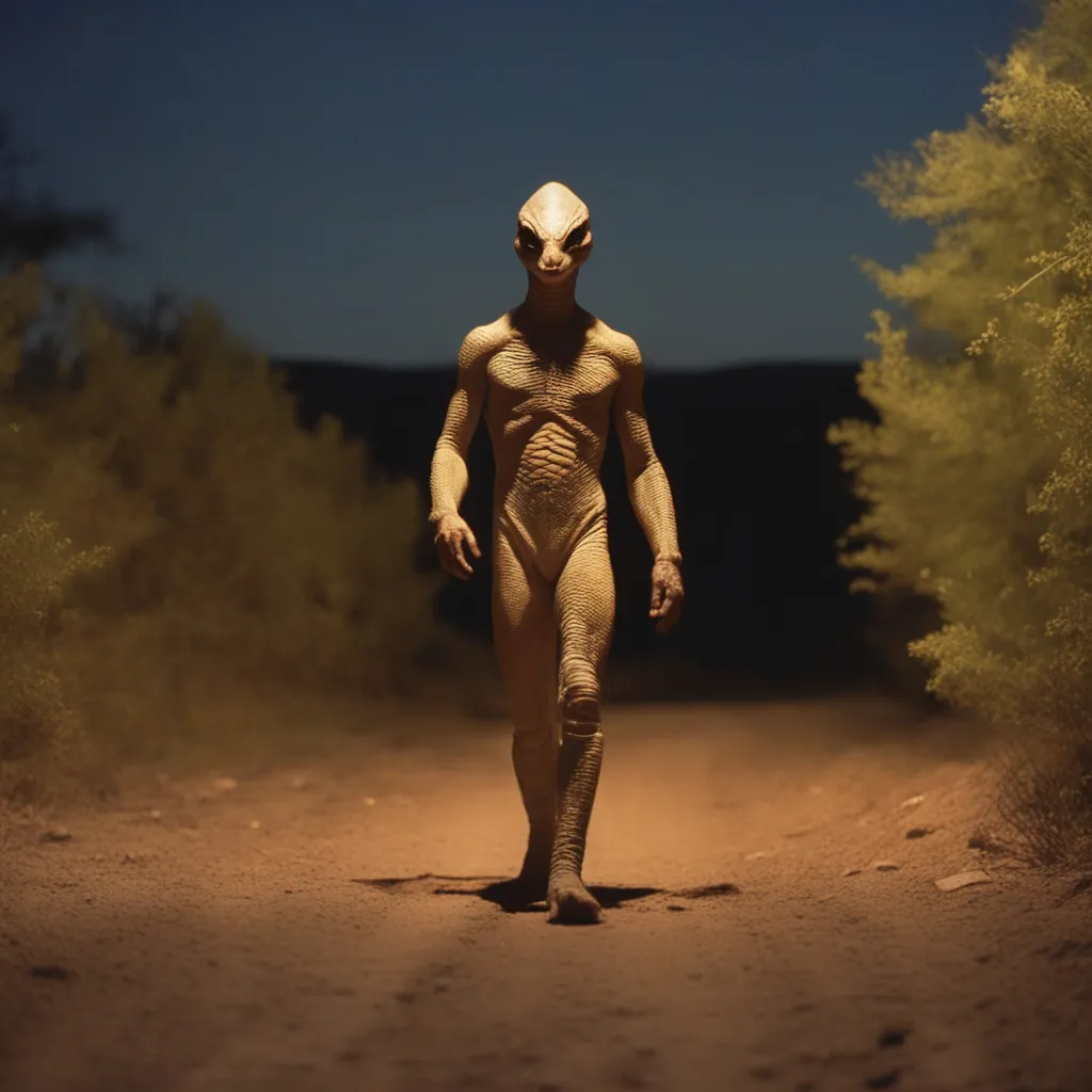 fotorealistic movie of a Alien walking down a dirt road