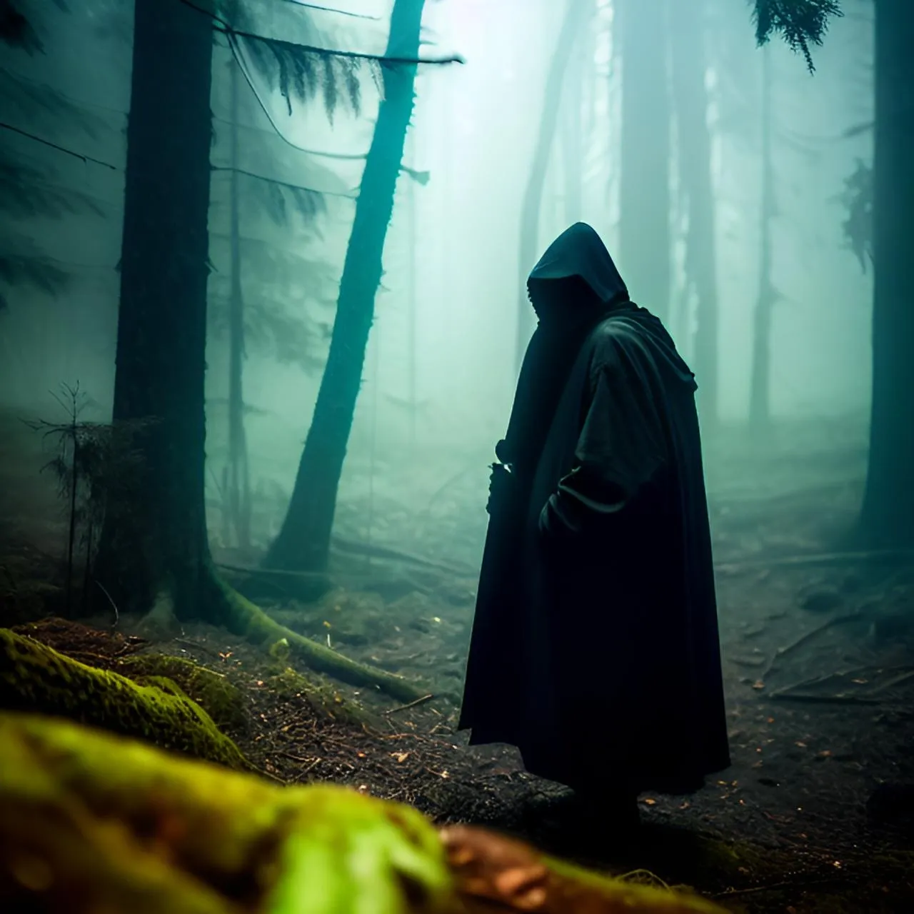 a man in a hooded cloak standing in a forest