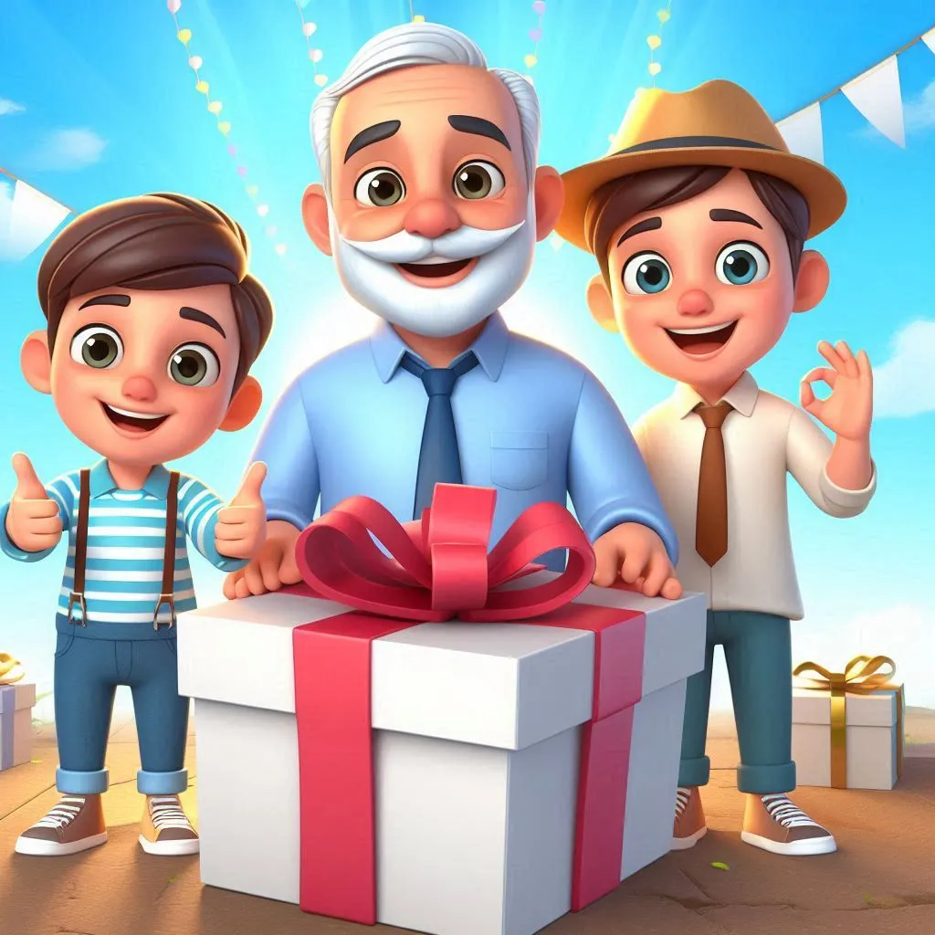 a man and two boys standing next to a gift box