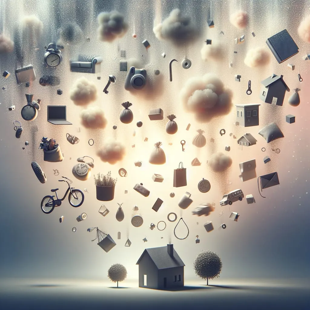 a house surrounded by various objects floating in the air