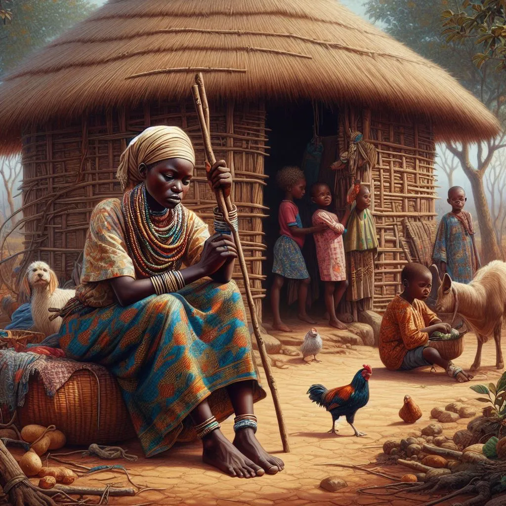 a painting of a woman sitting in front of a hut