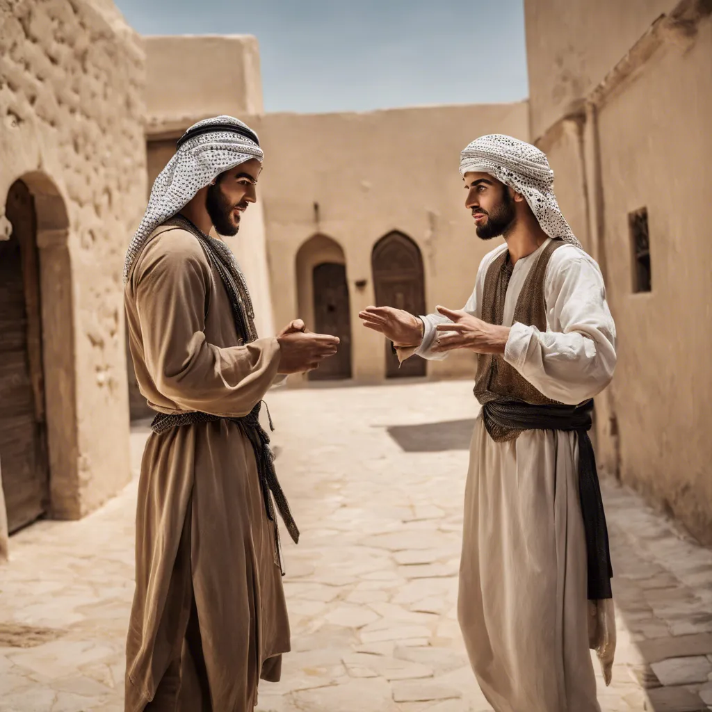 two men standing in a courtyard talking to each other