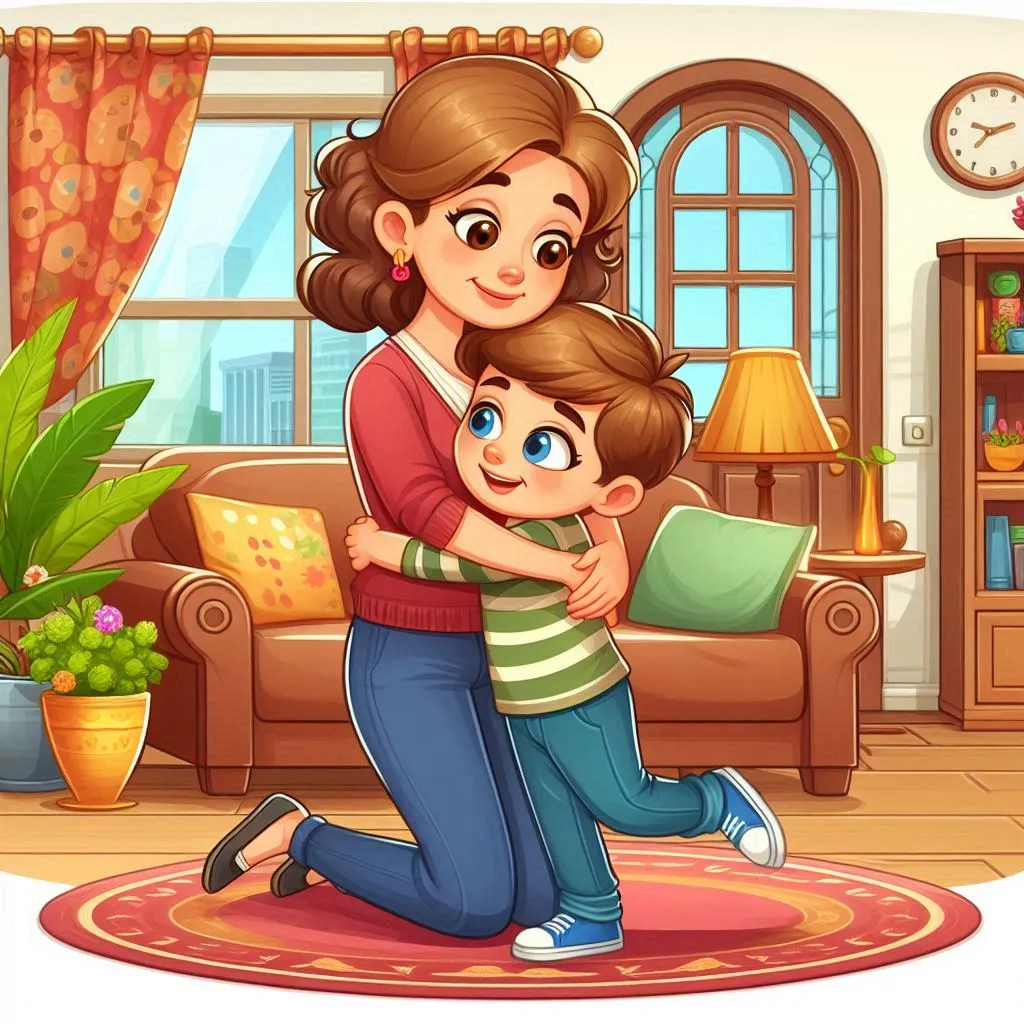 a mother hugging her son in the living room