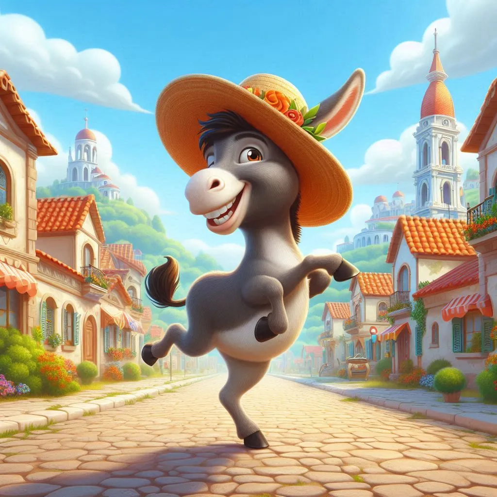 a donkey in a sombrero running down a street