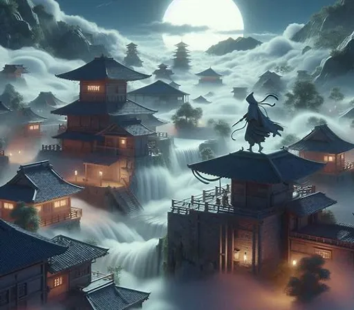 a painting of an asian village with a full moon in the background