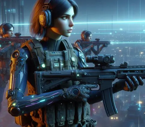 a woman holding a rifle in a futuristic city