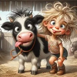 a painting of a little girl and a cow