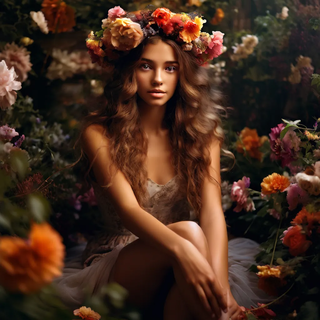 a woman with flowers in her hair sitting on the ground