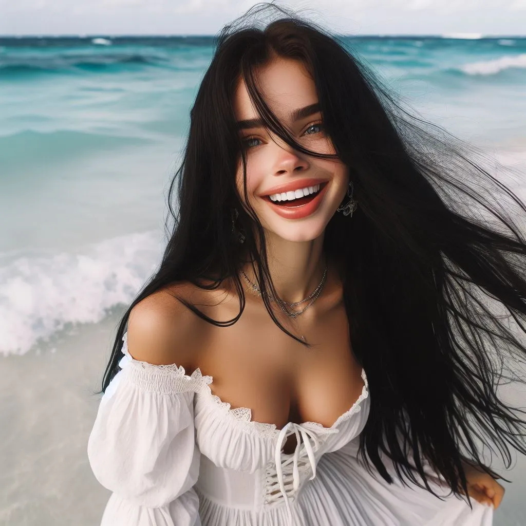 a woman with long hair standing on a calm beach